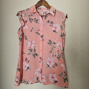 Elle Button Down Blouse Womens XS Pink White Stripe Green Peach Floral Feminine